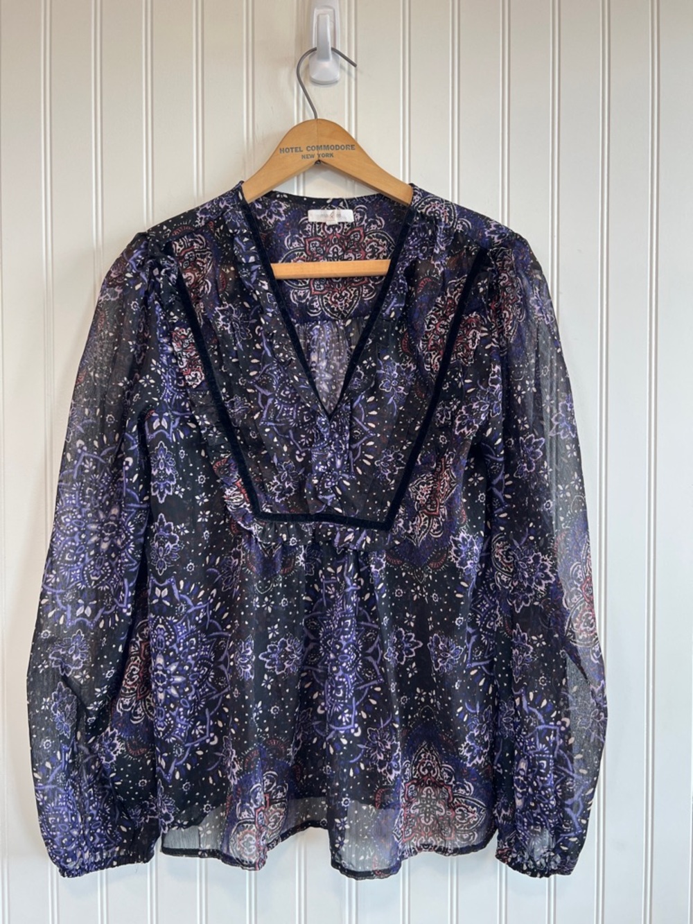 Maurices Black & Purple Sheer Paisley V-Neck Blouse